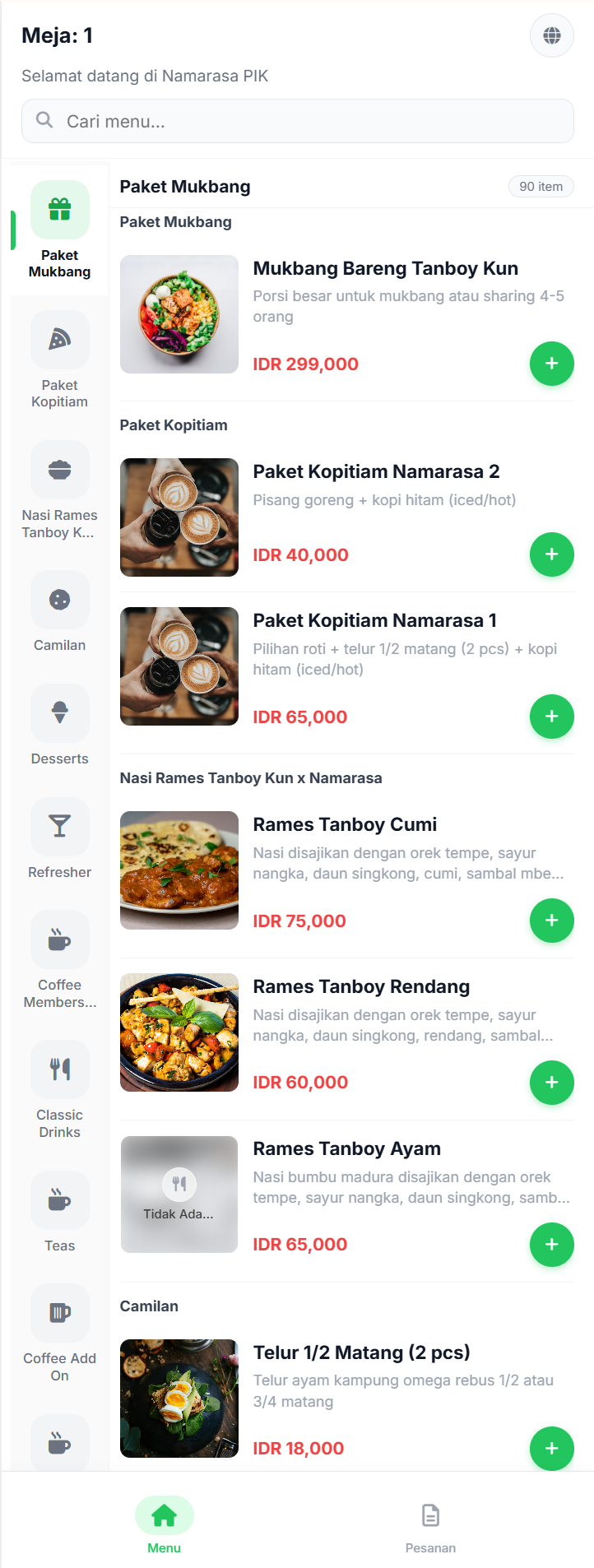 Tampilan menu QR pelanggan Amanda dalam Bahasa Indonesia