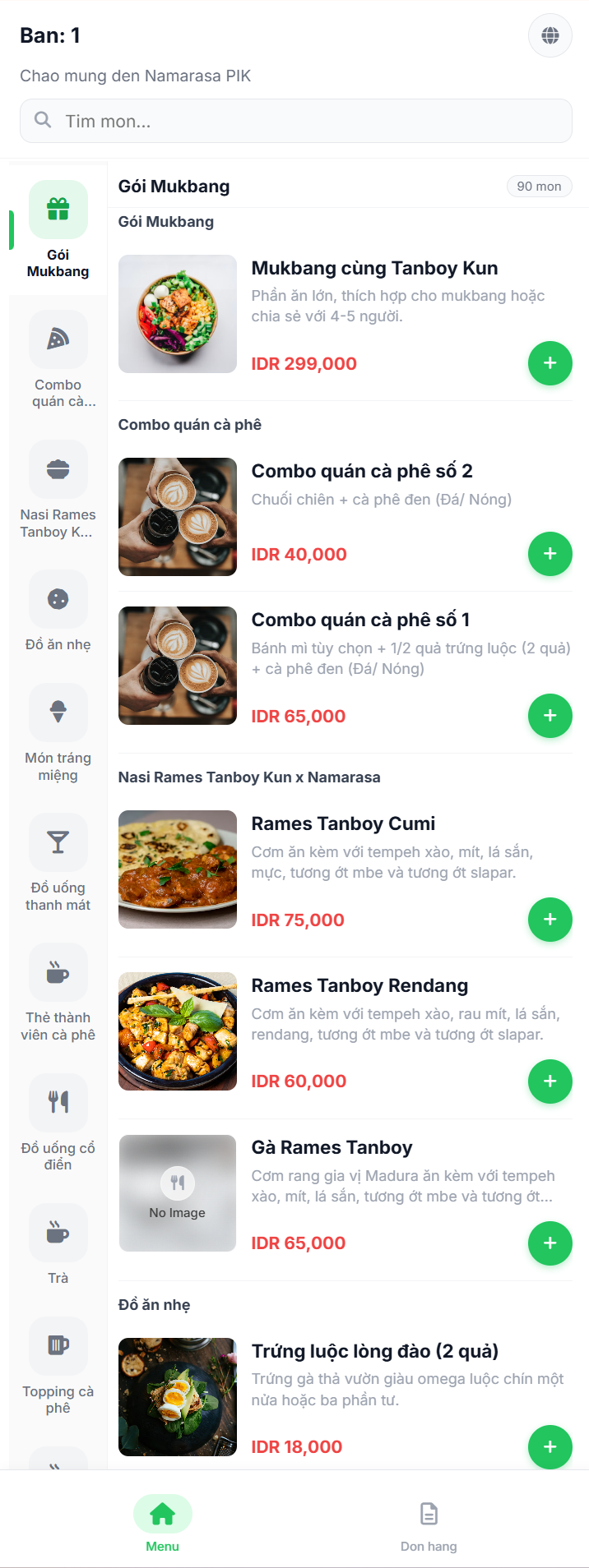 Giao diện thực đơn QR dành cho khách hàng Amanda bằng tiếng Việt