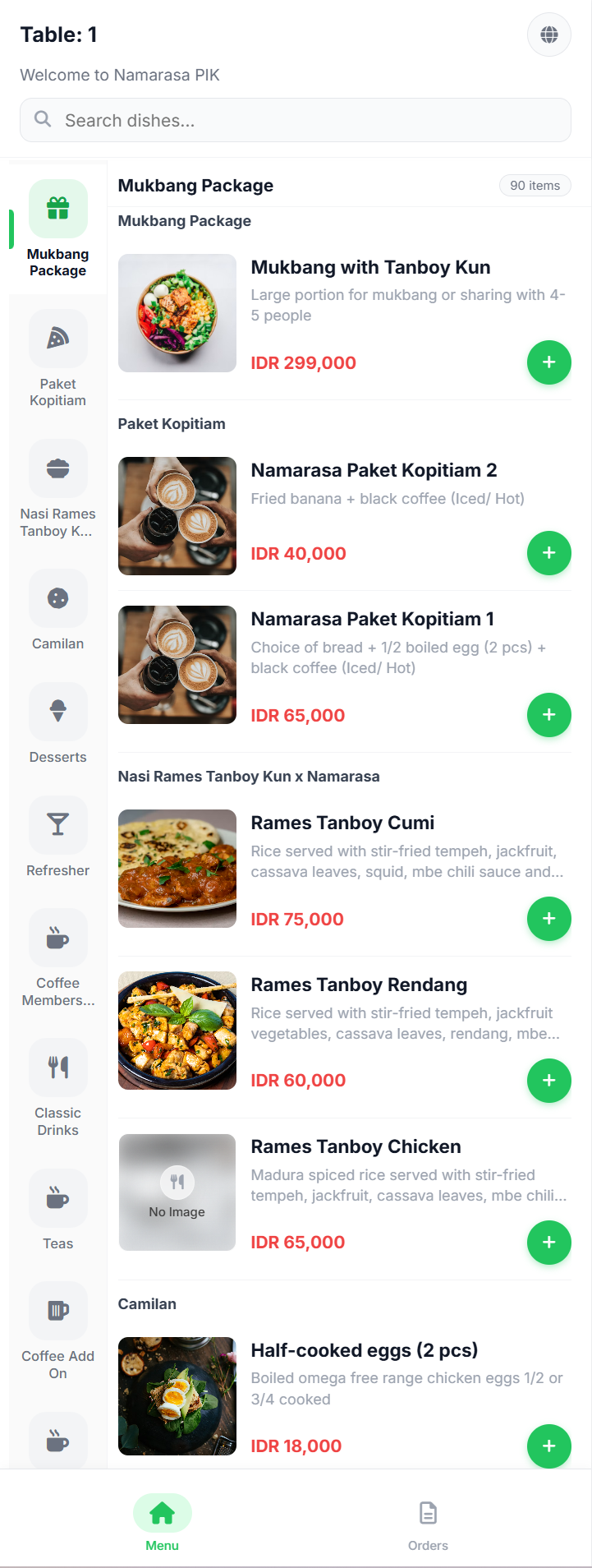 Amanda customer QR menu interface in English